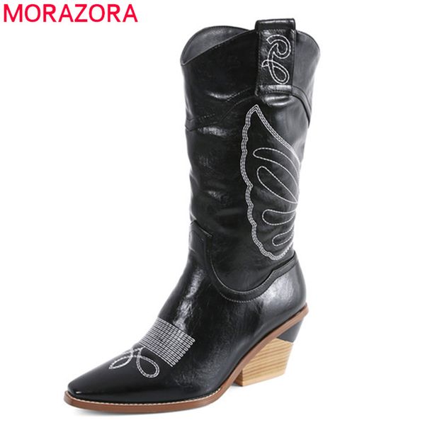 

morazora 2020 new arrival women mid calf boots pointed toe embroider autumn winter boots square high heels dress shoes woman, Black