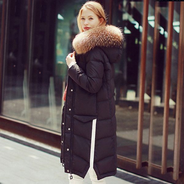 

большой real natural енот рур 2018 зимняя куртка женская белая утка вниз parka для женского outwear новый бренд женский parkas, Black