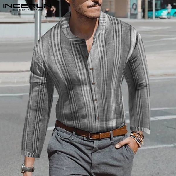 

2019 men striped shirt vintage breathable stand collar long sleeve button streetwear chic camisa brand casual shirts men incerun, White;black