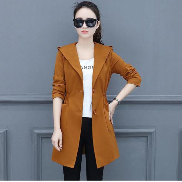 

womens casual medium length coat 2019 autumn new fashion simplicity hooded cap single row buckle slim trench coats trend, Tan;black