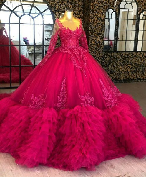 

fuchsia ball gown prom dresses sheer jewel neck long sleeve lace appliques ruffes tiered skirts black girls homecoming evening gowns