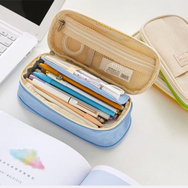 

canvas large capacity pencil case multifunctional solid color mesh pencil bag pouch office students kids supplies