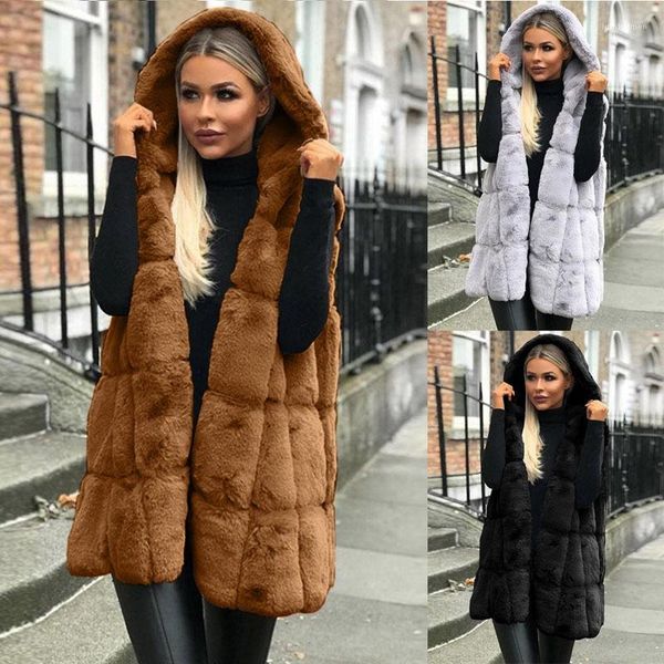 

winter sleeveless hooded solid designer long outerwear women fake fur vest coats autumn, Black;white