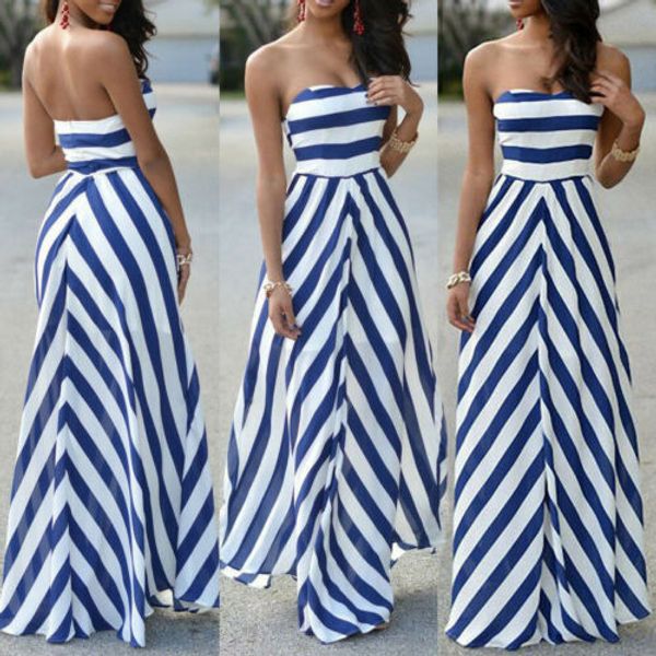 

new womens off shoulder striped maxi dress summer party long maxi beach sundress, Black;gray