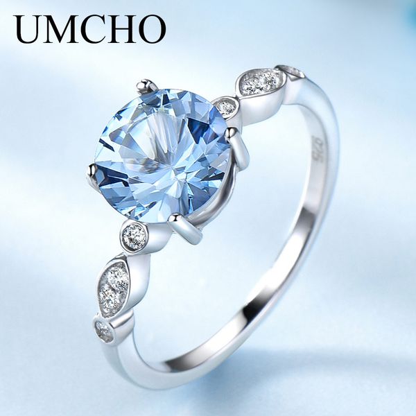 

umcho sky blue z silver ring female solid 925 sterling silver rings for women wedding band birthstone aquamarine gemstone, Golden;silver
