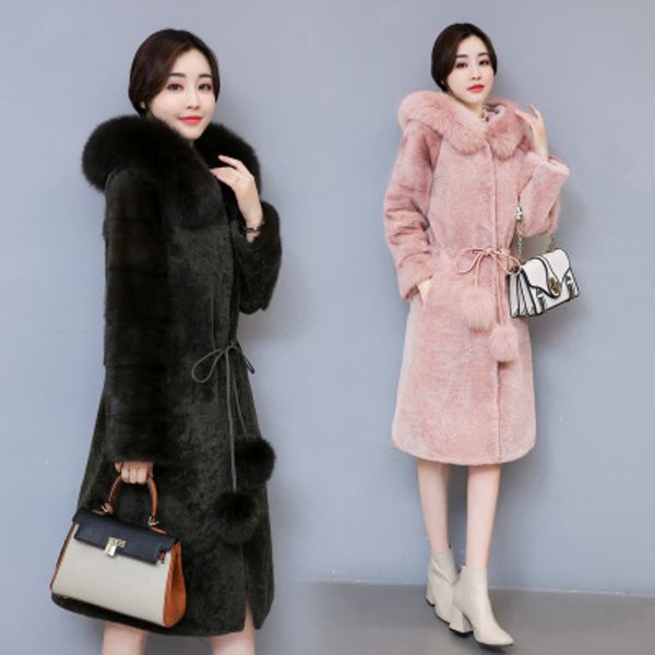 

winter new sheep shearing fur coat female long section sheep fur one coat hooded, Black