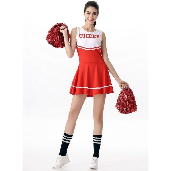 

red dress+pompoms cheerleading costumes football baby high school cheer uniform girl dancing show cheerleader party