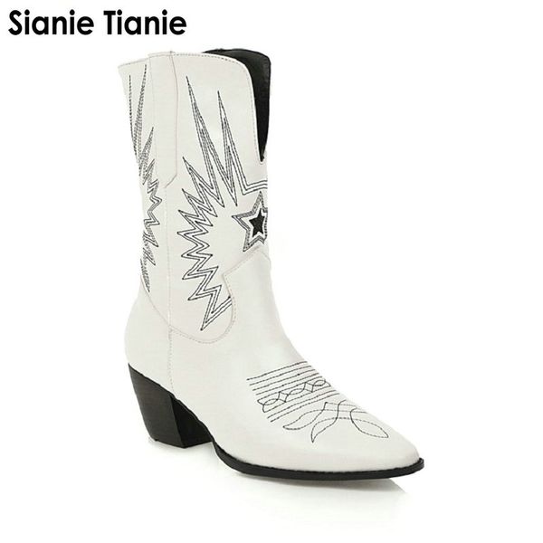 

sianie tianie 2019 square high heeled woman shoes white black embroidery vintage pointed toe cowgirl boots female mid-calf boots