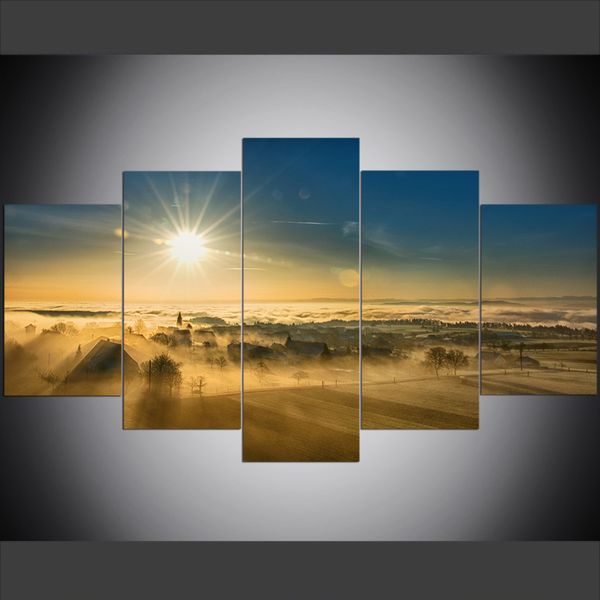 

5 piece large size canvas wall art pictures creative sunrise autumn country landscape art print oil painting for living room