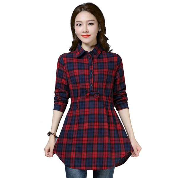 

loose checkered plaid college blouses shirt 2019 cage female long sleeve casual women blouse shirt office lady quality, White