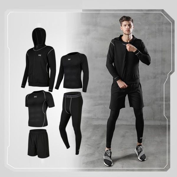 

g-show 5pcs / set men's workout sports suit gym fitness compression clothes running jogging sport wear exercise workout tights, Black;blue