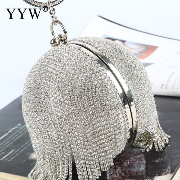 

sliver diamonds rhinestone round ball evening bags for women 2018 fashion mini tassels clutch bag ladies ring handbag clutches