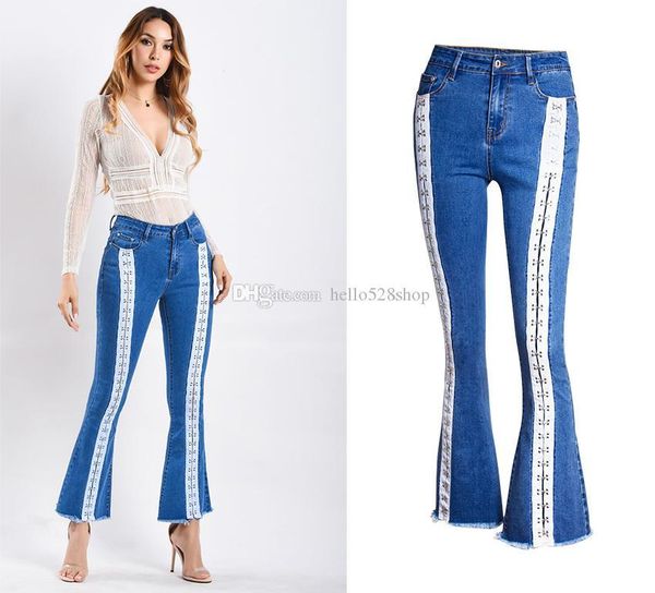 

широкий ноги брюки классические женские джинсы ribbon braid тощий тонкий джинсовые прямой байкер натяжные vaquero mujer урожай женщин, Blue