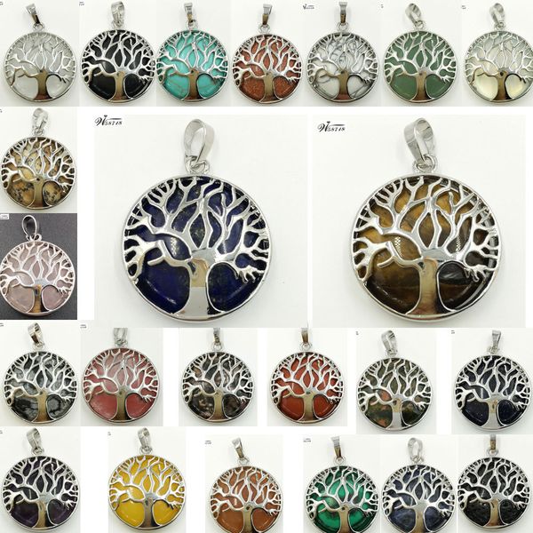 

lapis lazuli malachite aventurine howlite crystal tiger eye jaspe opal blue sand life tree round pendant bead 1pcs wfh629, Silver