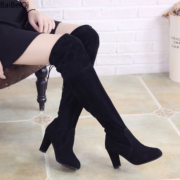 

plus size 35-42 shoes women casual over the knee boots autumn winter women female high heels pumps dress snow thigh high boots, Black