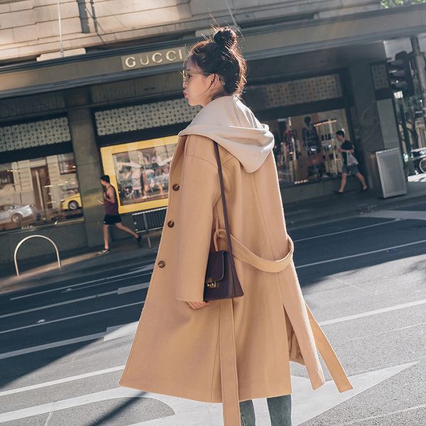 

casual slim womens long coats 2018 winter hooded double breasted wool blend coat and jacket regular ladies coats, Black