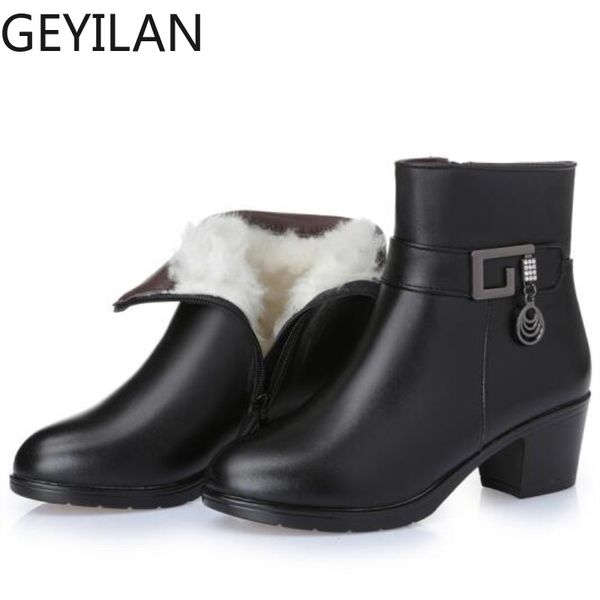 

2019 new fashion genuine leather women ankle boots high heels zipper shoes warm fur winter boots for women plus size 35-43, Black