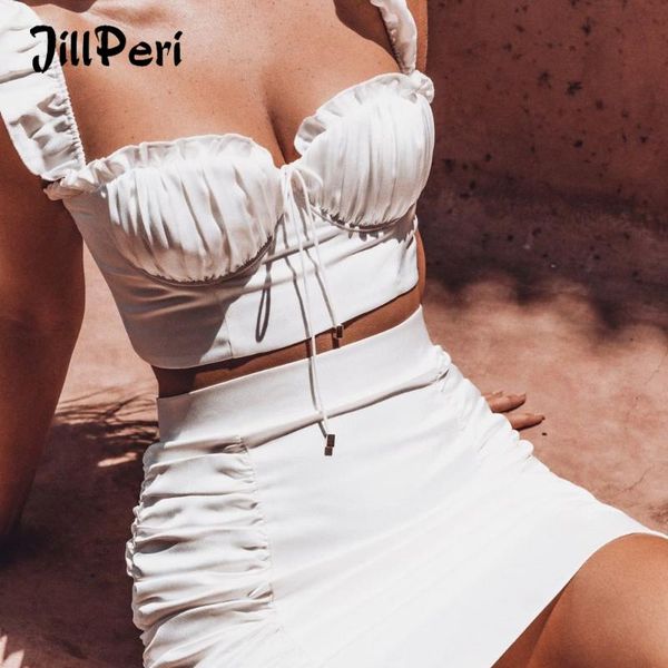 

jillperi structured cup lace up flare crop and ruched bottom 2 piece dress ivory outfit vacation chic mini dress, Black;gray