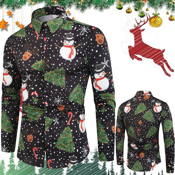 

christmas shirt printed long sleeve button men casual snowflakes christmas deer printed shirt new year party men's, White;black