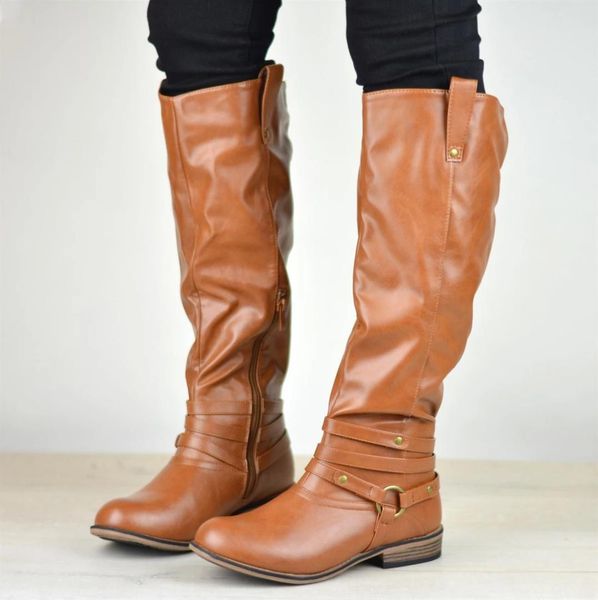 

monerffi warm snow boots women motorcycle boots round toe platform low heel ladies zipper knee high boot bota feminina, Black