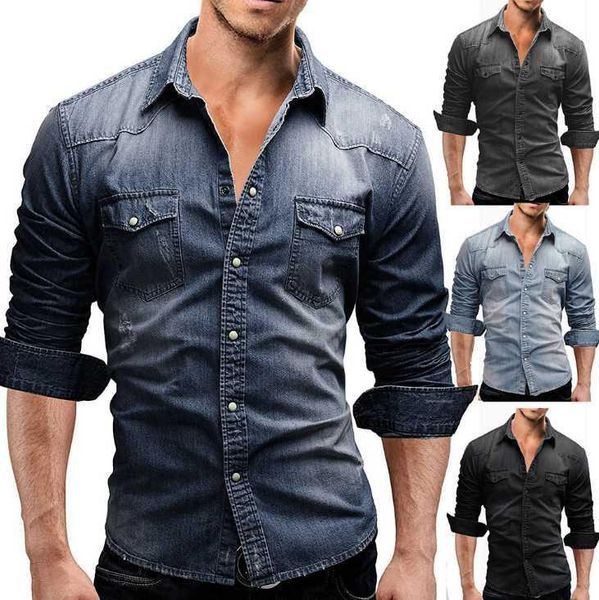 

2020 spring beauty men's double pocket men's casual long-sleeved denim shirt, White;black