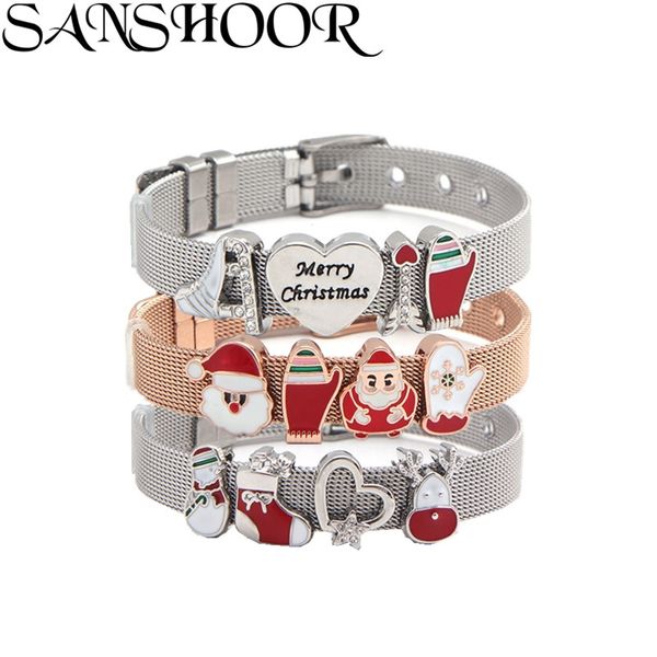 

christmas bracelets gifts set with special engraved heart snowman santa socks charms as diy women girls xmas jewelry, Golden;silver