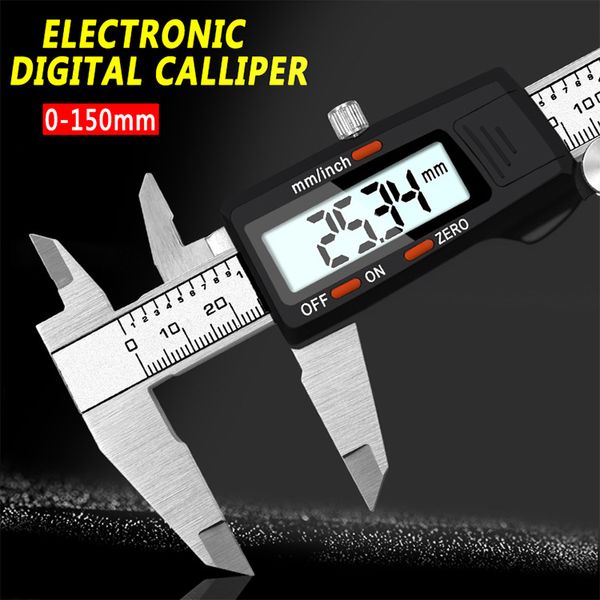 Messschieber aus Edelstahl mit schwarzem Kunststoffkopf, 0–150 mm, elektronischer digitaler Messschieber, Werkzeug zur Messung des Innen- und Außendurchmessers