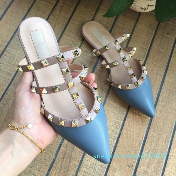 

women flat slippers slip on mules rivet t-strap slides slip on loafers ladies pointed toe 2-strap with studs sandals s02, Black