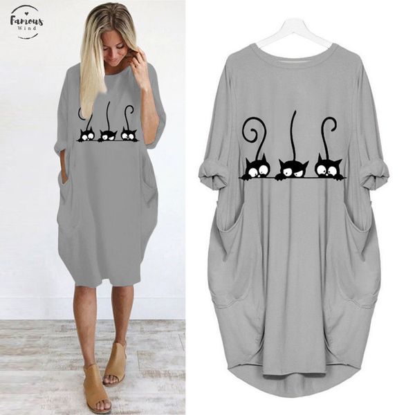 

dress women vestidos autumn plus size loose twill dress crew neck cat printed casual pocket vestidos dress, Black;gray