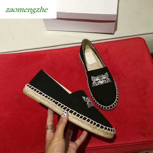 

luxuryembroidered straw shoes with tiger head single shoes fisherman's shoes with box, Black