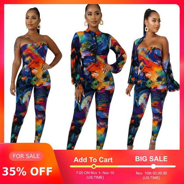 

women fashion colorful printed sets long sleeve pencil pants strapless and with coat jumpsuit 2019 winter, Black;white