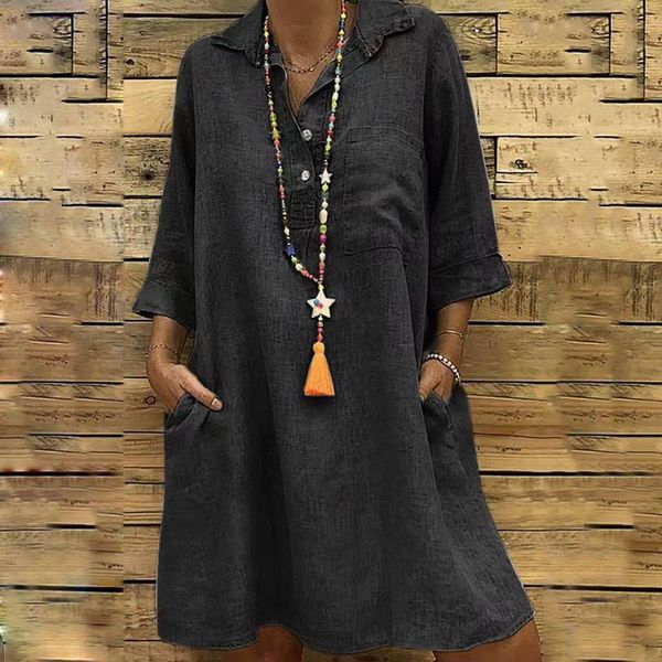 

5xl fashion women's clothing plus size summer autumn turn down collar pocket dress loose button large size shirt dress, Black;gray