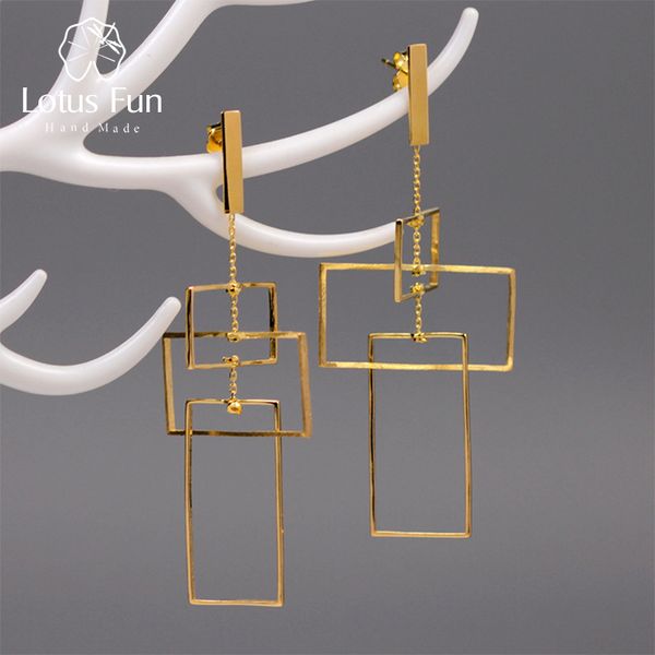

lotus fun real 925 sterling silver fine jewelry fashion elements 18k gold geometic rectangular design dangle earrings for women cx200624, Golden