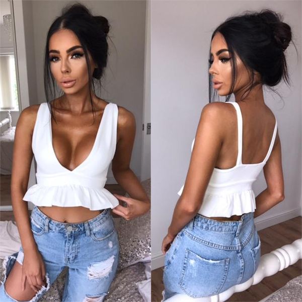 

2019 women elegant ruffled crop v neck ruffle backless sleeveless pleated shirt ladies casual sweet chic sleeeless top, White