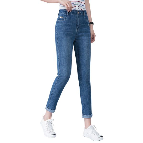 

2020 new fashion summer nine-point jeans women thin slim denim pencil pants high waist elastic casual pants plus size jeans 3386, Blue