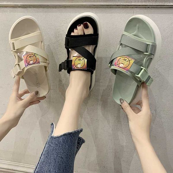 

female shoes womens slippers outdoor slides med fashion lady platform 2020 soft flat girl buckle strap fabric rubber pu, Black