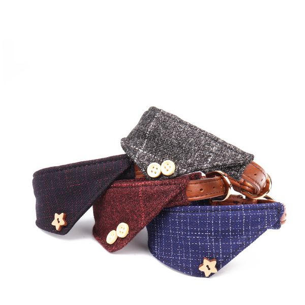 

designer pet dog accessories british style triangle scarf dogs collar with unique shape button personality pet dog collars pet supplies