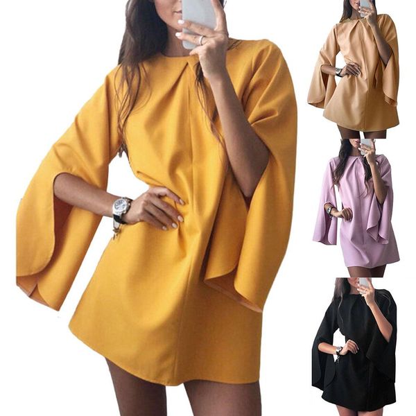 

stylish casual elegant retro charming fashion women autumn solid color long flared sleeve loose mini gift for wome wedding party, Black;gray