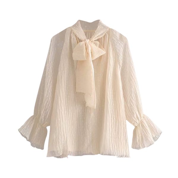 

women's blouses & shirts 2021 stylish polka dot chiffon blouse women fashion see through long sleeve elegant bow tie collar office wear, White