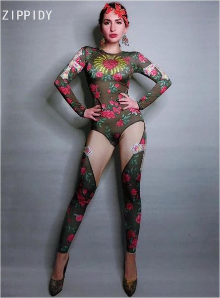

red diamond flowers leaves pattern jumpsuit prom birthday celebrate bodysuit women singer costume stage bar outfit, Black;red