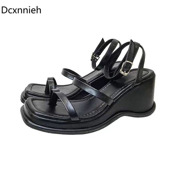 

dcxnnieh new split toe one belt sandals women ankle buckle strap ladies shoes summer holiday outwear black wedges shoes woman