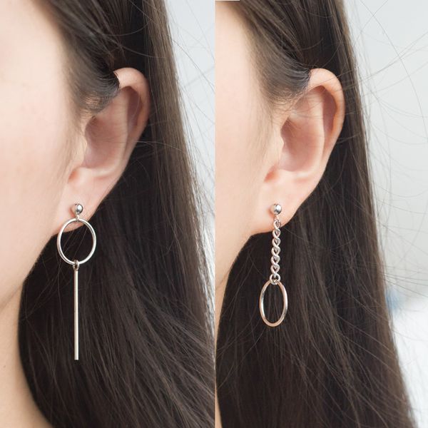 

japanese korean simple geometry circle chain strip non-symmetrical long earrings ear rings anti-allergy ear stud versatile women, Silver