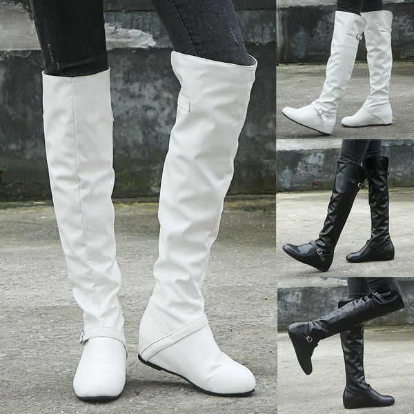 

women solid color increase high boots knee-high shoes round toe slip-on boots winter over the knee women stretch fabric, Black