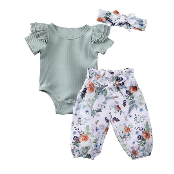 

2020 summer kids baby girl clothes summer kids pants floral pants + headrope sets solid color outfits, White