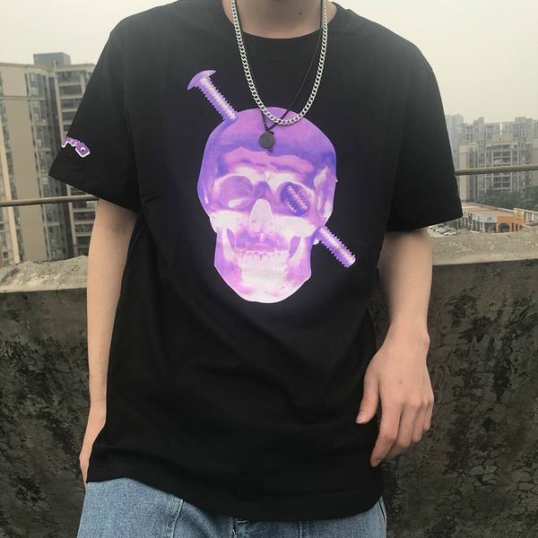 

19ss big v screw head t-shirt fashion cotton looses kull screw print hip hop men and women black t-shirt, White;black