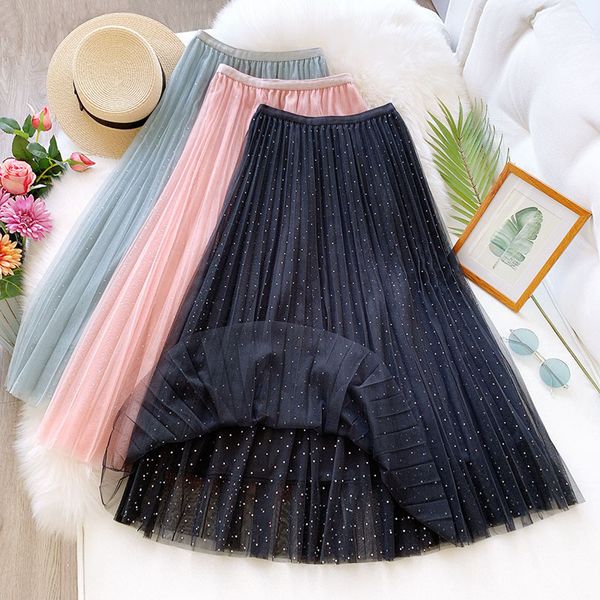 

wasteheart spring khaki blue skirts high waist pleated mid calf long skirts mesh clothing empire plus size, Black