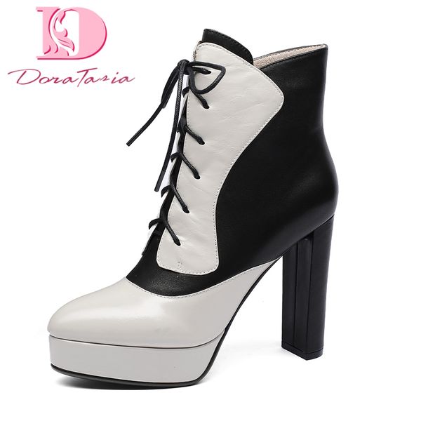 

doratasia new cow leather platform zip up ankle boots woman shoes high heels women's party wedding boots shoes women, Black