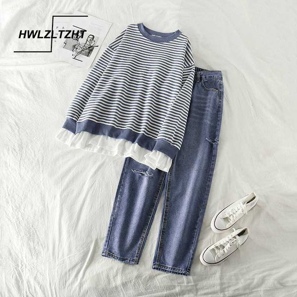 

hwlzltzht two piece set поддельные две пьесы женщины пуловер stripe толстовка высокой талией джинсовые брюки hole джинсы женская одежда, White