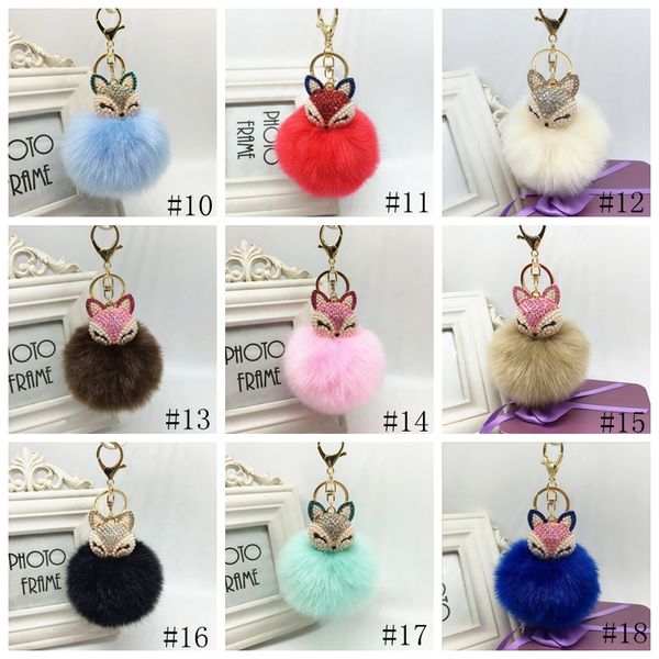 Fox Kürk Anahtarlık Charms Kristal Fox Kafa Anahtarlık Kabarık Faux Kürk Pom Anahtarlık Çanta Araba Sarkık Parti Favor 20COLOR GGA2756