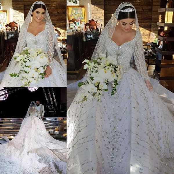 

vintage lace ball gown wedding dresses v neck luxury bridal gowns court train long sleeve crystal plus size wedding dress custom, White